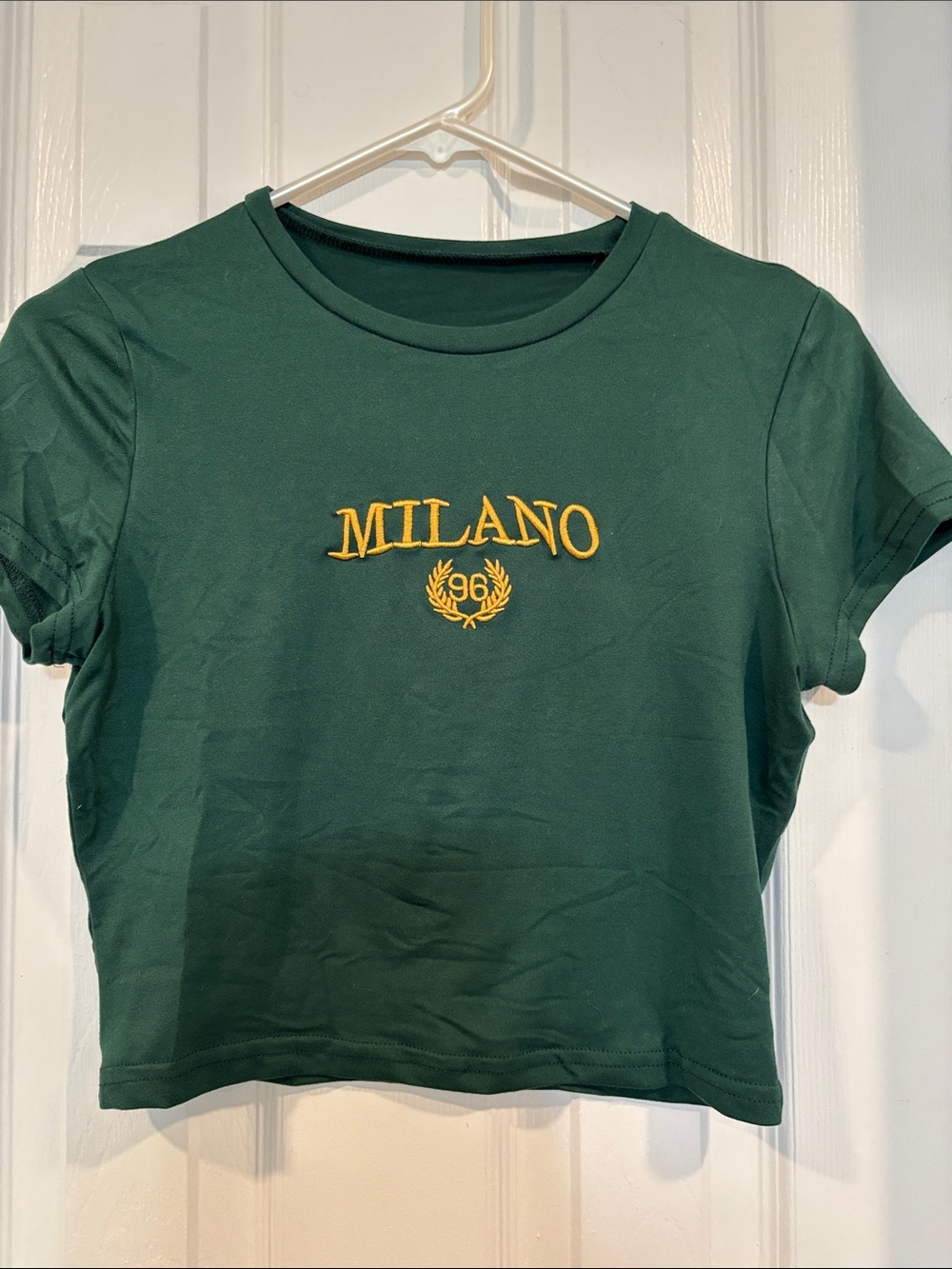 SHEIN Green Crop Top with Yellow 'MILANO' Embroidery